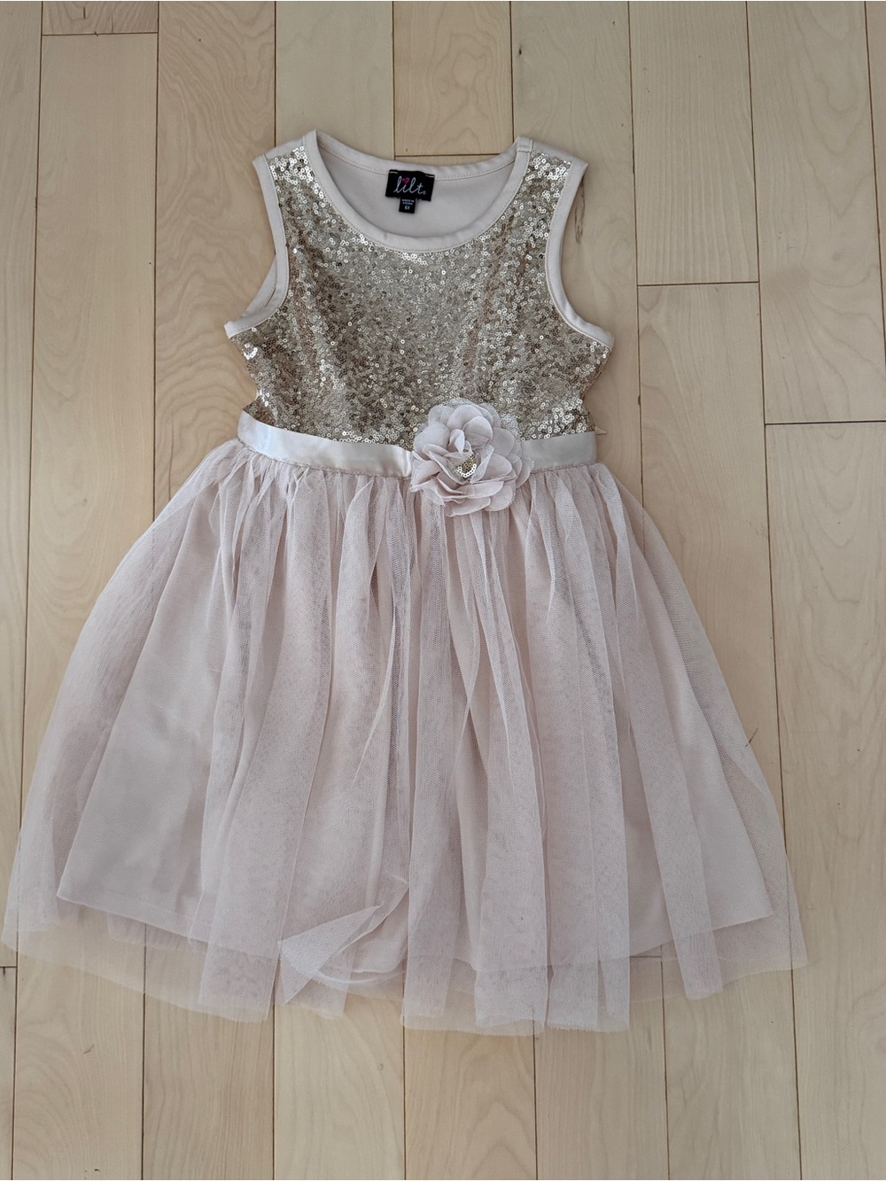 Girls' Tan Blush Sequin & Tulle Dress